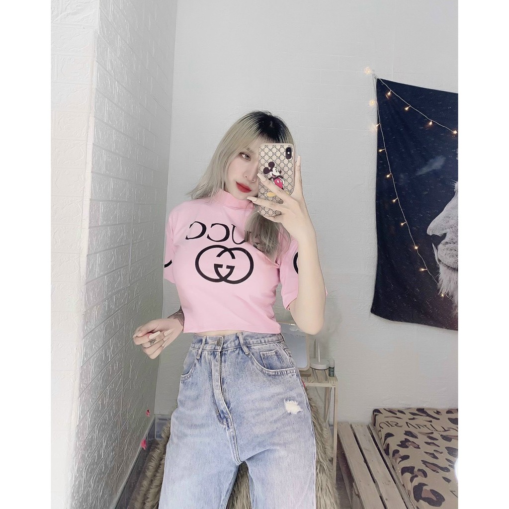 áo kiêu croptop cổ lọ ngắn in chữ gu sang chảnh ảnh thật thun mềm