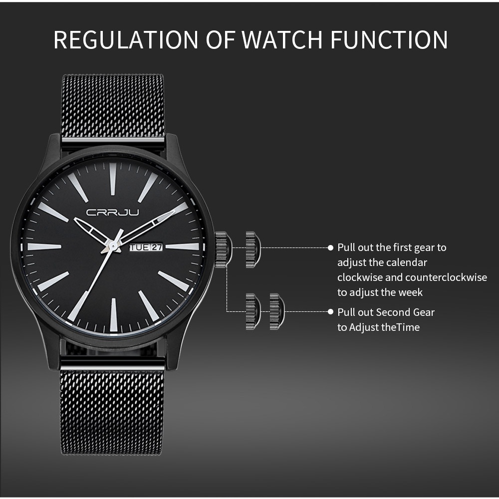 Đồng hồ thạch anh CRRJU 2108 M mỏng bằng thép không gỉ chống nước cho nam