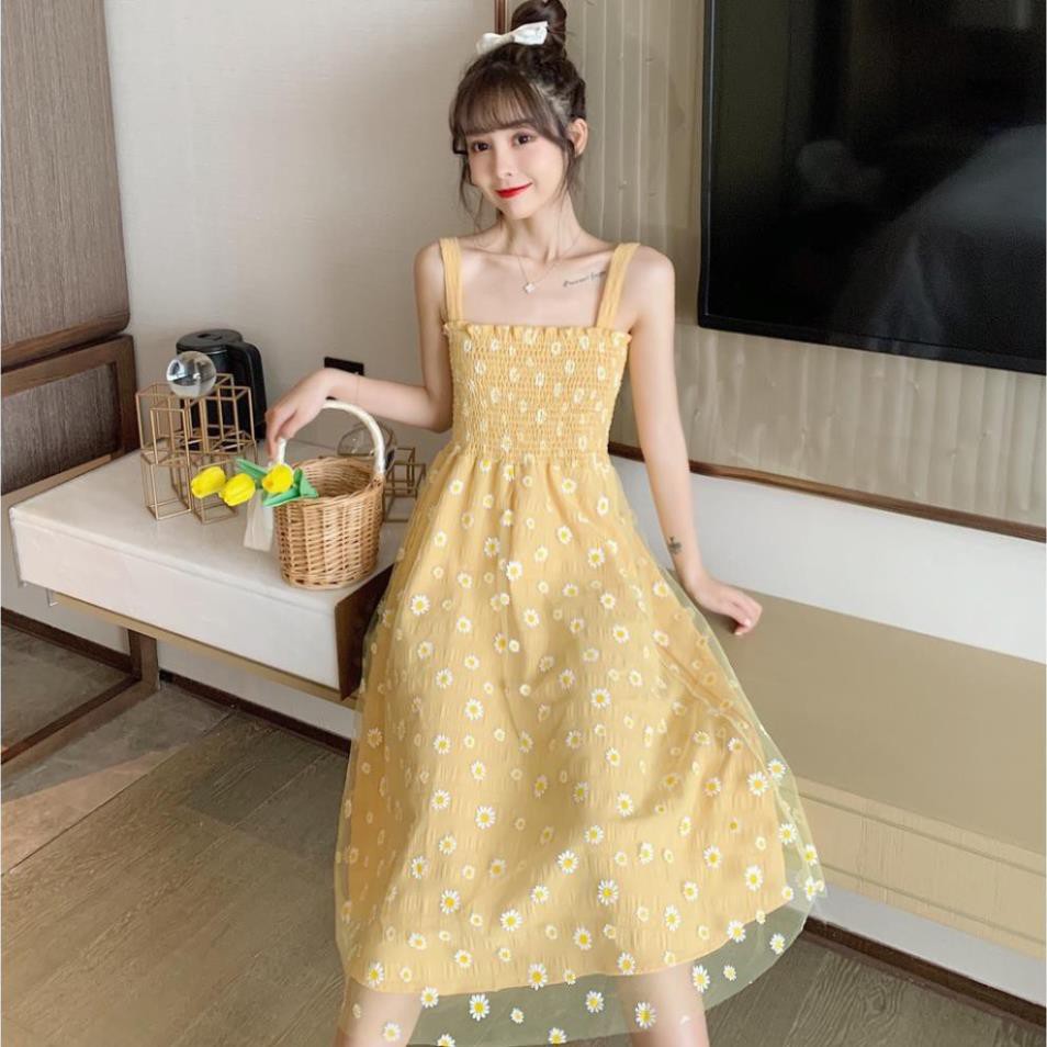 Váy 2 dây dáng dài trắng bánh bèo hoa cúc vintage, váy hai dây bản to phong cách ulzzang Hàn Quốc V07 - Peyy Clothing  ཾ