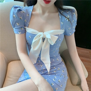 Sexy Puffed Wire Bow Collar Flower Dress Fairy Summer Premium French Feeling Premium Dress Dress Female Dress Ladies Dress Flower Dress Women Long Skirt Fashion Flower Skirt Fashion Skirt Sexy Dress Sexy Skirt Mini Skirt