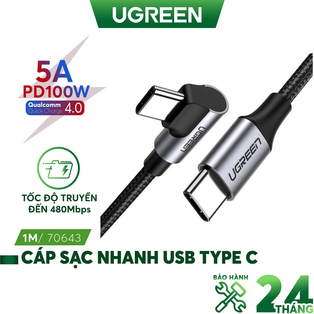 Cáp sạc nhanh USB Type C PD hỗ trợ 100W UGREEN US316 US334 dài 1m 2m - Tương thích Macbook / iPad Pro / Laptop