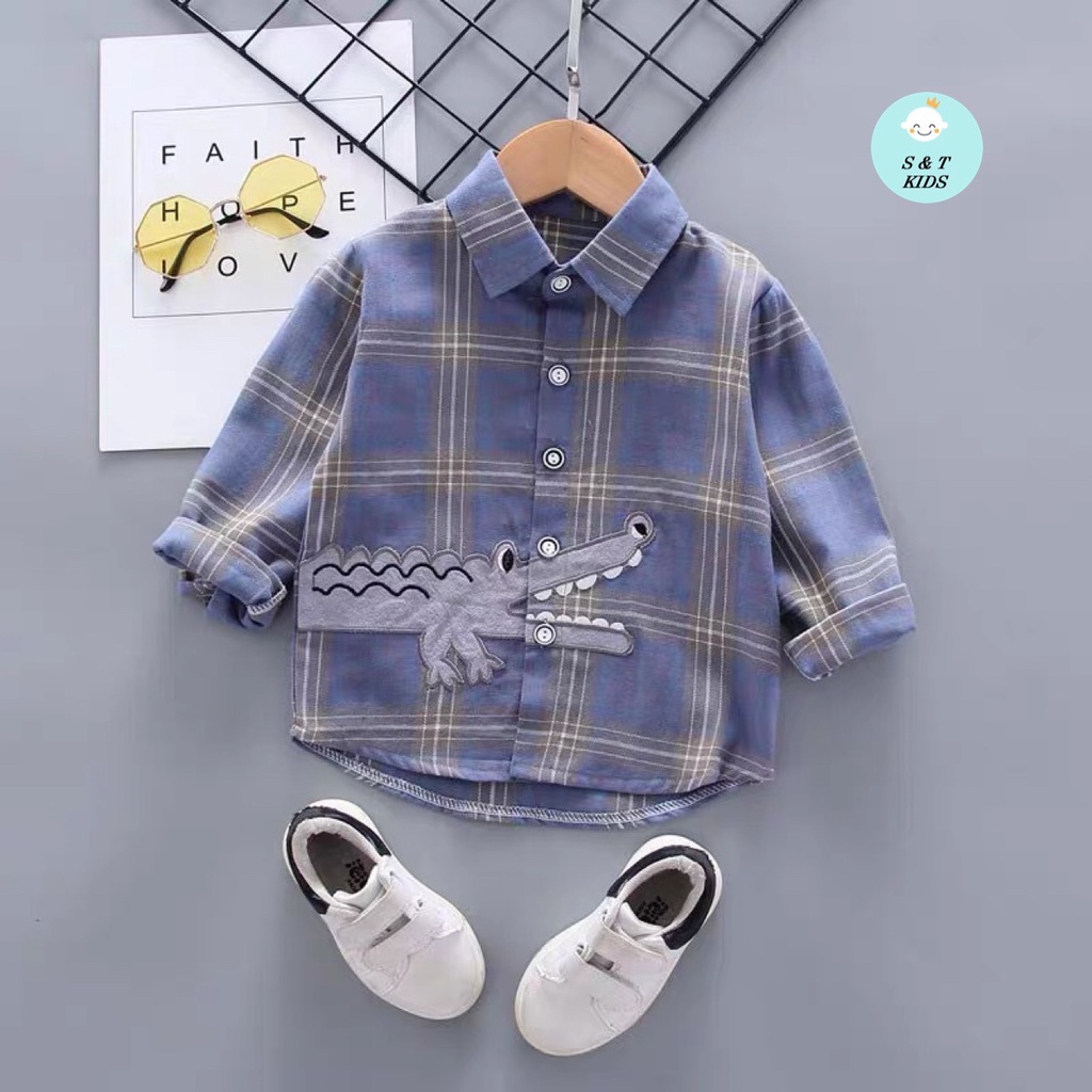AT11 - Áo sơ mi bé trai, áo sơ mi kẻ dài tay in cá sấu cho bé trai từ 8-20kg