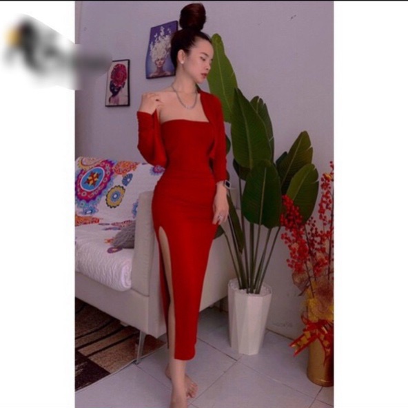 Sét đầm ống ôm body xẻ tà trơn kèm áo khoác ngoài cực xinh , chất thun gân mềm mịn ly