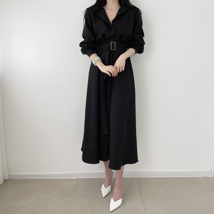Đầm sơ mi trơn suông dáng dài kèm đai thắt eo bản to công sở vintage phong cách Hàn Quốc