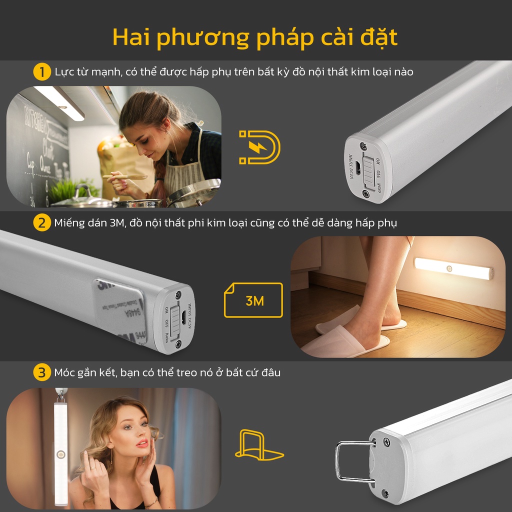 Đèn Led cảm biến HYDERSON chuyển động gắn tường cho để tủ chén/ phòng bếp/ phòng học có thể sạc usb với pin 3000mah