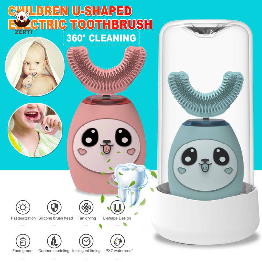 Bàn chải đánh răng điện tự động hình chữ U 3 tốc độ chống thấm nước họa tiết hoạt hình dễ thương cho bé 2-15 tuổi