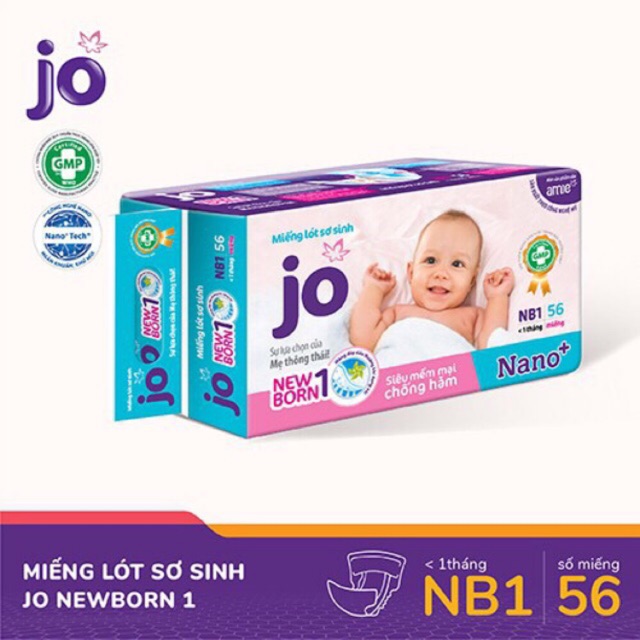 Miếng lót sơ sinh bỉm jo newborn 1 (56 miếng) & newborn 2 (40 miếng)