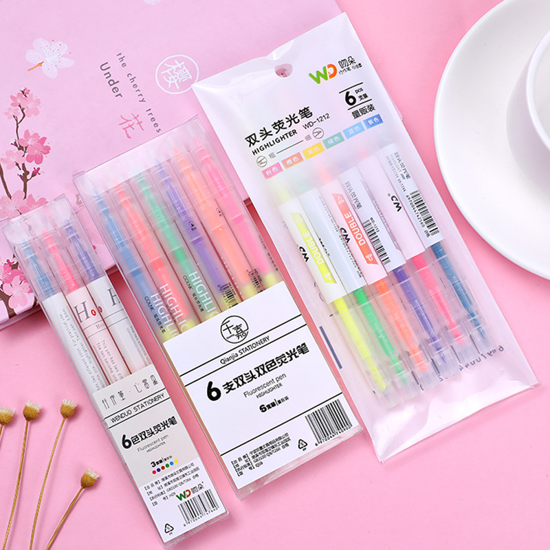 Bộ 6 Bút Màu Dạ Quang Thiết Kế Sáng Tạo Kèm 6 Bút Lông Tiện Dụng