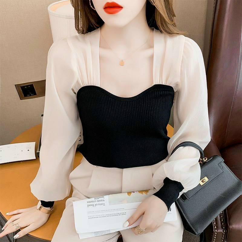 Áo Thun Gân Cổ Chữ U Hai Tay Dài Cánh Bướm Phối Von Xinh Xắn TTVV0376