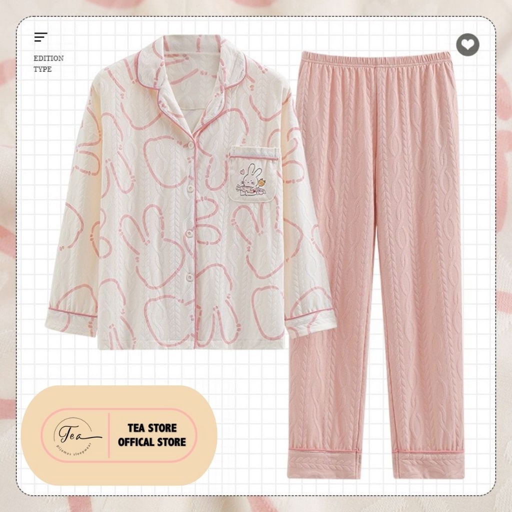 Bộ mặc nhà Pyjama Tea Store cotton có sẵn SLL dài tay họa tiết dễ thương 3