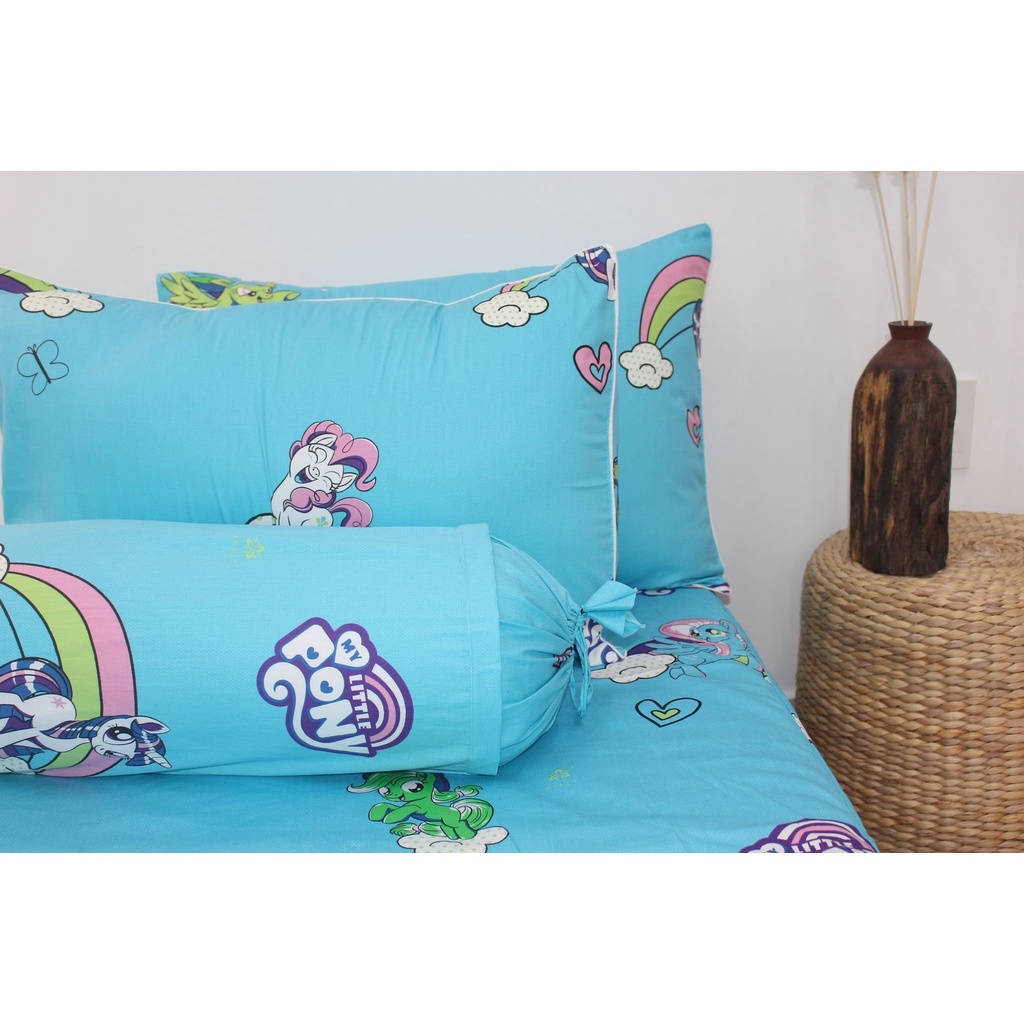 Bộ ga gối 4 món ngựa Little Pony màu xanh cotton 100% (ga giường + 1 vỏ gối ôm + 2 vỏ gối nằm)