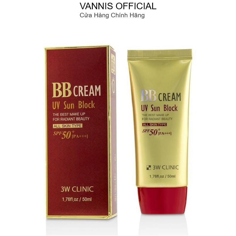 Kem nền trang điểm che khuyết điểm chống nắng BB Cream UV Sun Block 3W Clinic Hàn Quốc 50ml