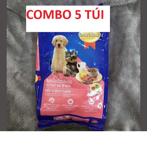 Combo 5 Túi Thức Ăn Hạt Khô Cho Chó Con - SmartHeart Puppy - BEEF & MILK FLAVOR - Vị Bò Và Sữa