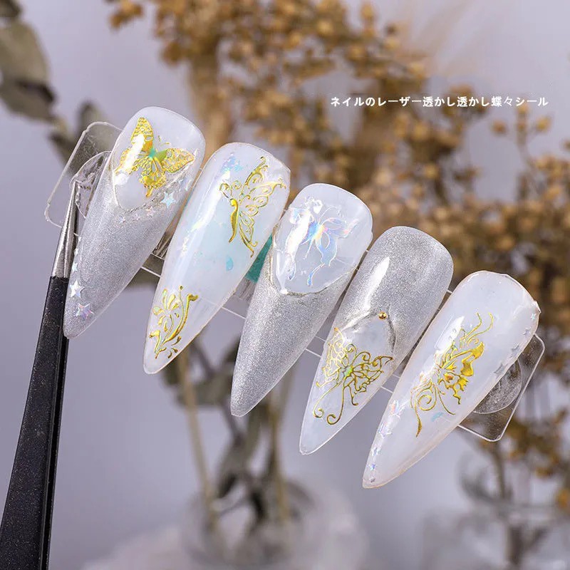 SUAKE nhãn dán Holographic laser bướm kim loại vàng/bạc trang trí móng nghệ thuật