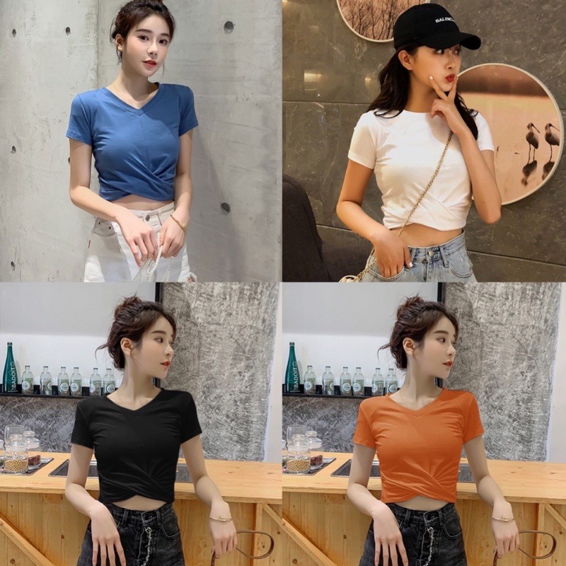 [ HOTTREND 2021] Áo phông croptop xoắn eo, cổ tim và cổ tròn, nhiều màu, cotton 4c loại 1 siêu đẹp, đủ size