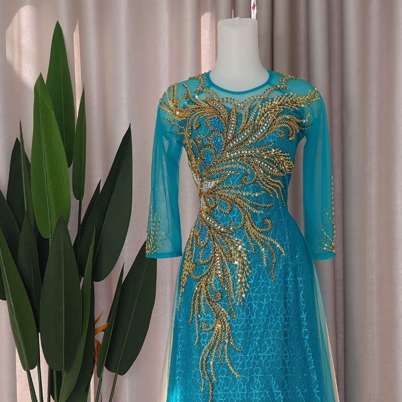 Áo Dài Cho Mẹ Cô Dâu - Áo Dài Sui Màu Xanh Ngọc Kết Kim Sa Sang Trọng ADM012