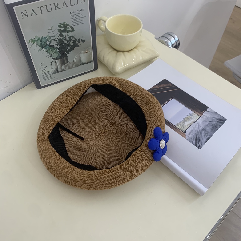Nón Beret Vải Lụa Mỏng Thoáng Khí In Hoa Nhỏ Màu Xanh Dương Phong Cách Nhật Bản Dễ Thương Cho Nữ