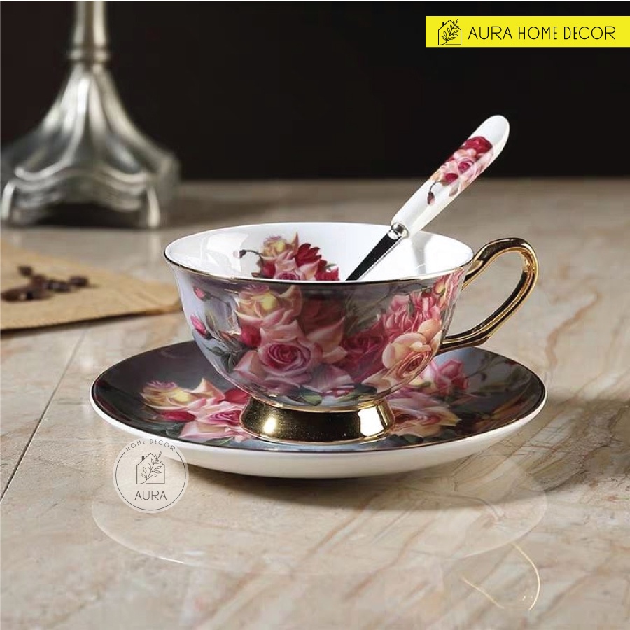 Bộ ấm tách trà hoa hồng sứ xương phong cách Châu Âu - Họa tiết vẽ tay tỉ mỉ sắc nét - Sang chảnh bậc nhất