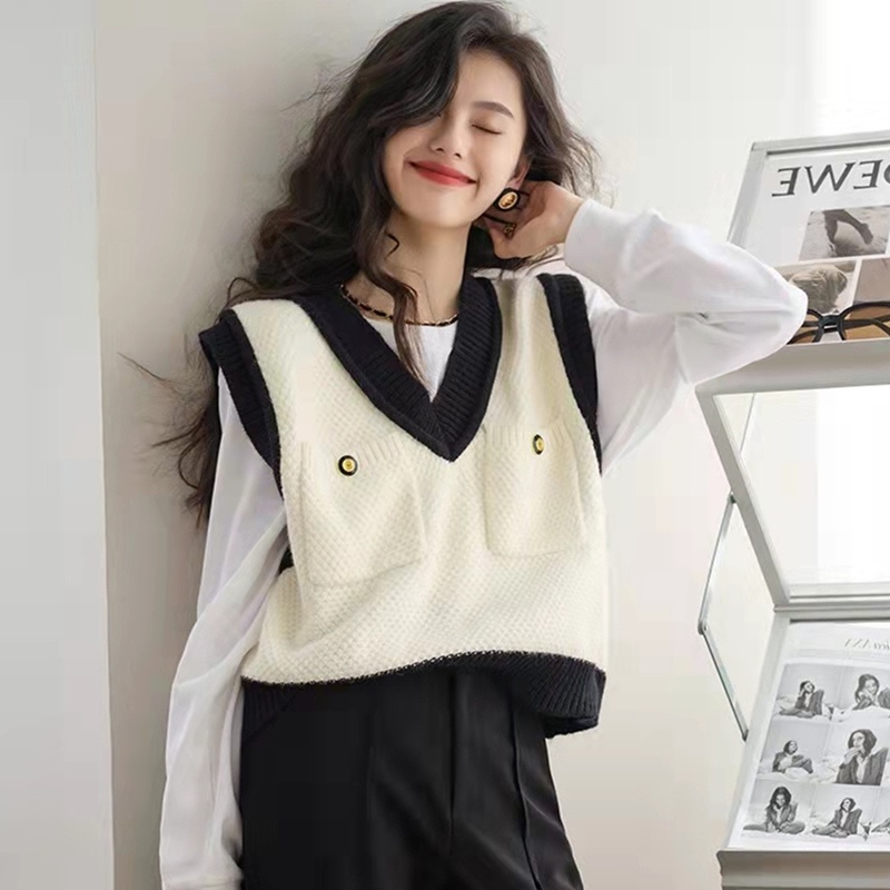 Áo dệt kim ZHELIHANGFEI sát nách cổ chữ V eo cao dễ phối đồ cá tính cho nữ