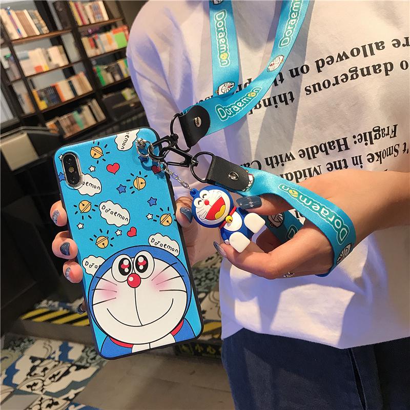 Ốp điện thoại mềm in hình Doraemon kèm dây đeo + giá đỡ xinh xắn cho iPhone 6 6s 7 8 Plus X XS Max XR 11 12 13 Pro Max 12 Mini HD07
