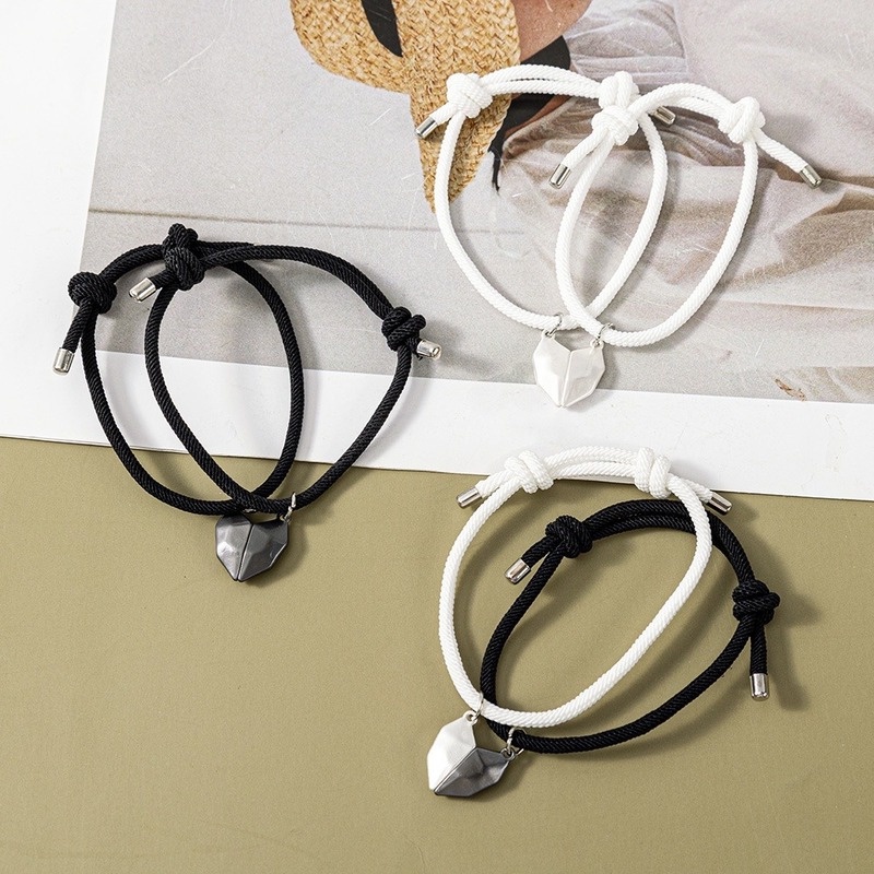 Set 2 vòng tay bện dây gắn đá trắng đen có thể điều chỉnh kích thước