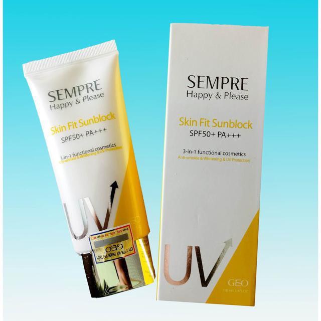 Kem chống nắng nâng tone da và kiểm soát dầu nhờn Geo Sempre Happy & Please Skin Fit Sunblock SPF50+PA+++50ml,100ml