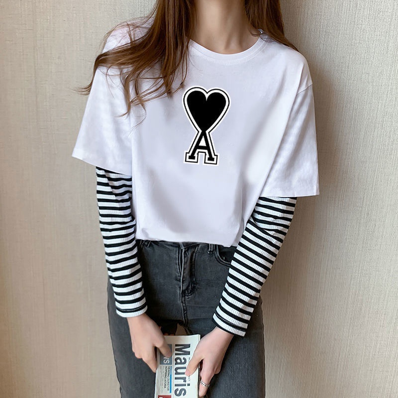 Áo Thun Tay Dài Giả Hai Lớp Dáng Rộng Phong Cách Harajuku Dễ Phối Đồ Thời Trang Mùa Thu Cho Nữ