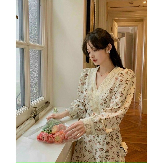 váy hoa nhí đuôi cá cổ chéo phối ren tiểu thư - đầm hoa nhí vổ v vintage