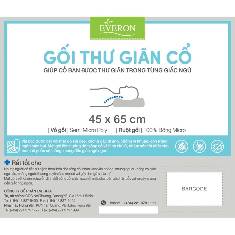Ruột Gối Thư Giãn Massage Cổ Everon Bông Micro Siêu Mềm 45x65