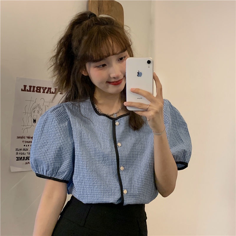 Áo sơ mi tay ngắn phồng họa tiết sọc caro thời trang theo phong cách hàn quốc cho nữ