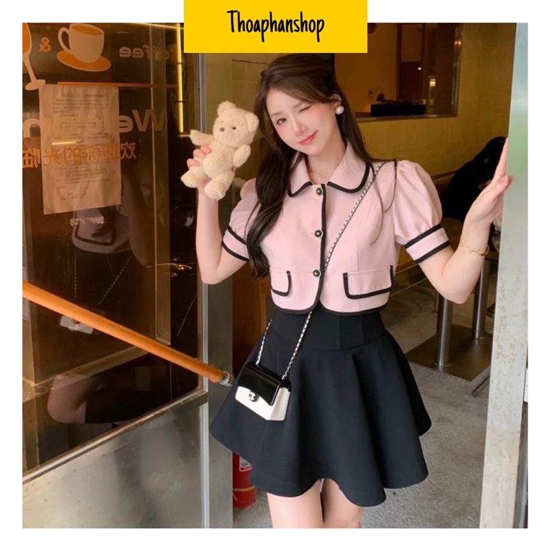 SET ÁO DẠ HỒNG CROPTOP + CHÂN VÁY XOÈ [kèm ảnh thật ]