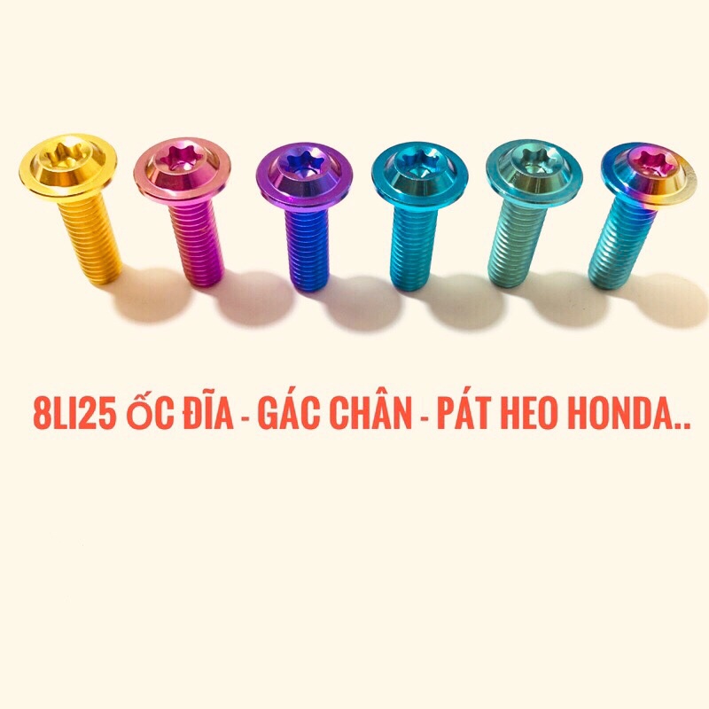 Ốc titan 8li25 đầu dù mỏng gắn đĩa gác chân và pát heo honda