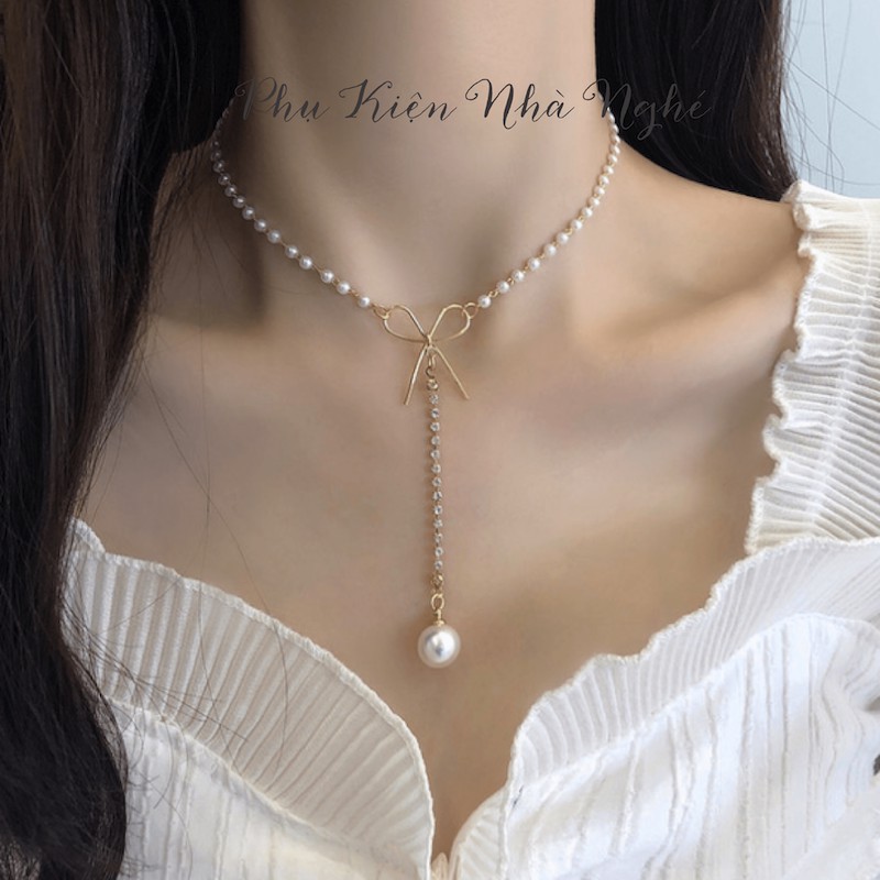 Dây chuyền vòng cổ hạt ngọc trai nhân tạo Hàn Quốc thả dài, dây chuyền nữ gắn nơ đẹp mạ vàng DC02