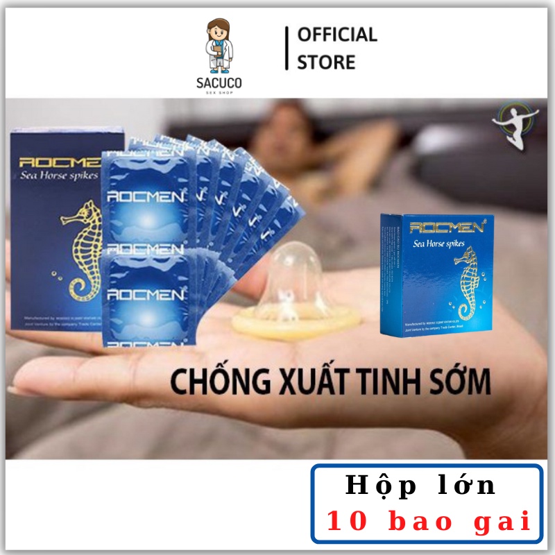 Bao cao su ROCMEN cá ngựa xanh cao cấp, gân gai, mát lạnh, kéo dài thời gian, hộp 10 bcs SACUCO RM1