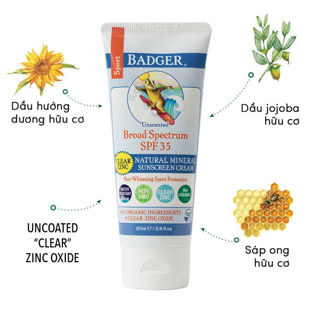 Kem chống nắng vật lý thể thao BADGER Sport Clear SPF 35 kháng nước mạnh, bảo vệ phổ rộng an toàn san hô - 87mL