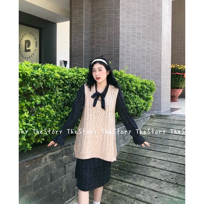 Set đầm caro cột nơ mix ghi lê nữ tiêu  S323
