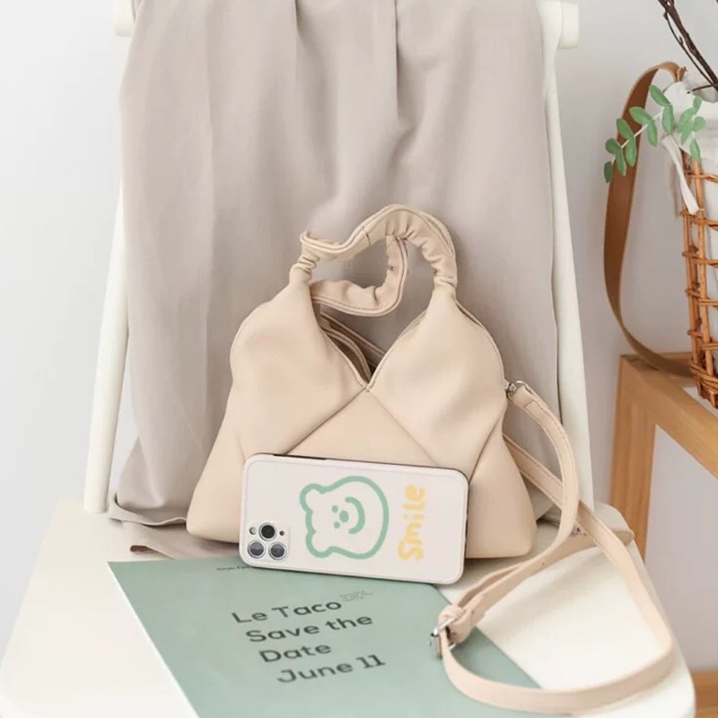 Túi Xách Nữ Đeo Chéo Da Mềm Kẻ Trám Quai Nhún Có Dây Đeo