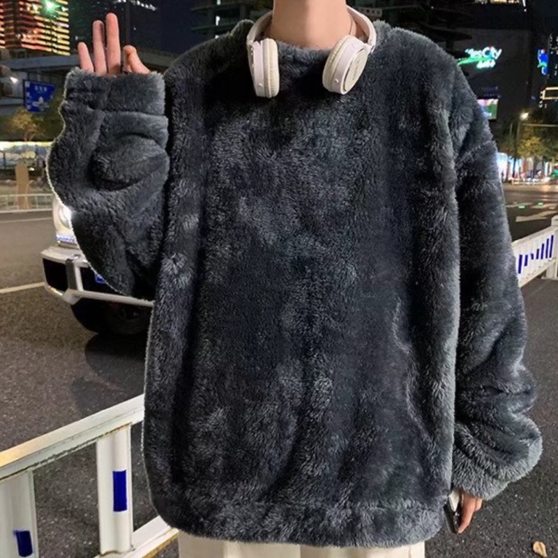 【S-3XL】Áo Sweater nỉ cổ tròn dáng rộng màu trơn giữ ấm mùa đông thời trang cho nam