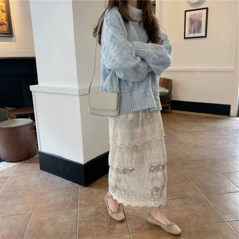 Set áo len và chân váy ren thời trang thu đông nữ