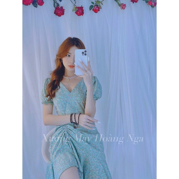 Đầm cổ tim tay phồng dây rút hông