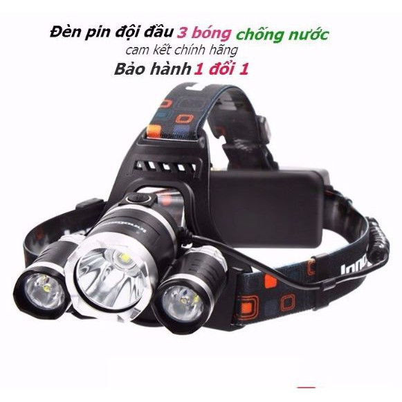 Đèn pin đội đầu,đeo trán 2 pin sạc 3 bóng led siêu sáng chống nước __Phutuan2410