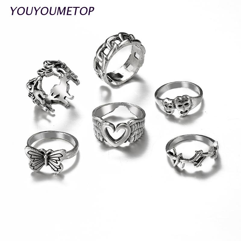 [Hàng mới về] Set 6 nhẫn đeo khớp ngón tay hình bướm / hình học hợp thời trang cho nữ