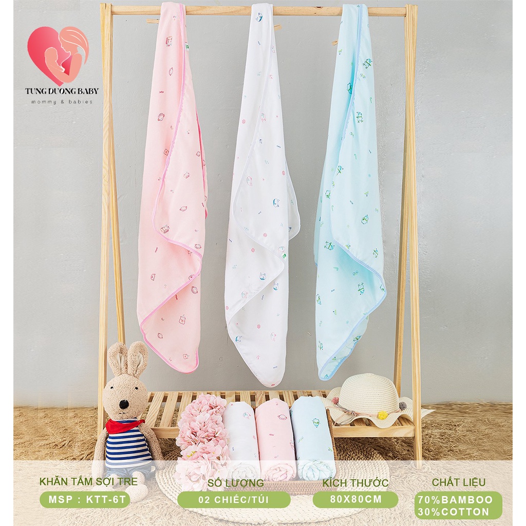 Khăn tắm sợi tre Mipbi 6 lớp màu Xanh, Hồng, Trắng