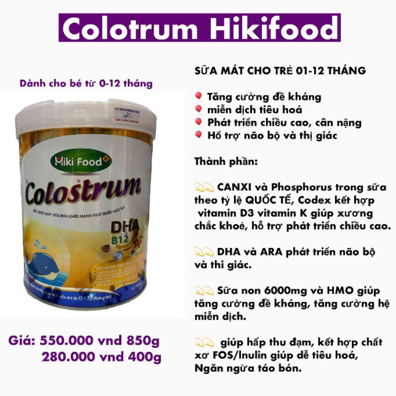 Sữa bột Hiki Food Colostrum cho trẻ  0-12tháng 850g