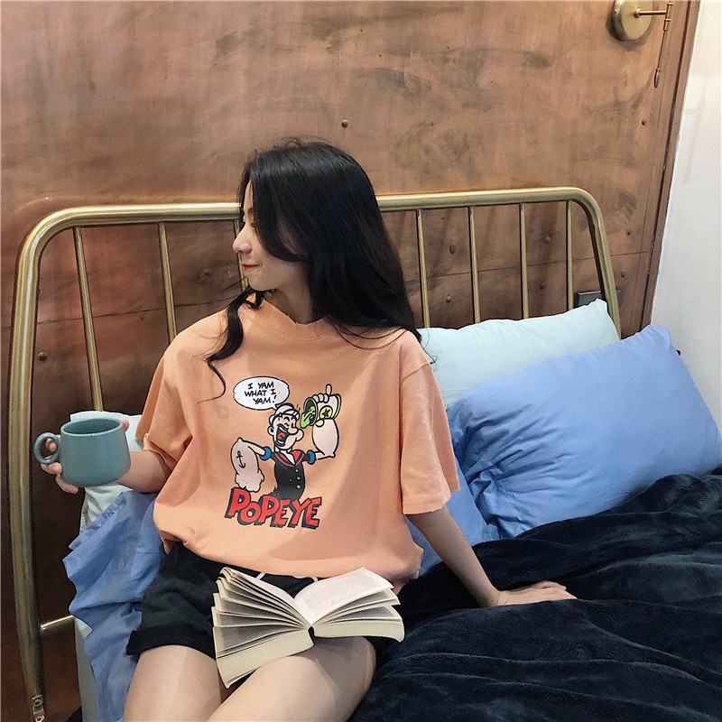 SUXI Áo Thun Tay Ngắn Dáng Rộng In Hoạt Hình Kiểu Retro Hàn Quốc Dễ Thương