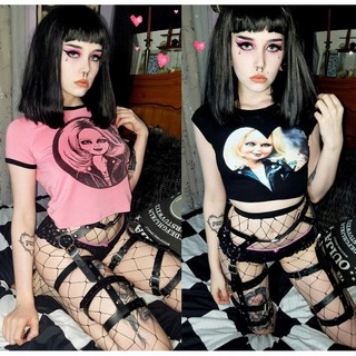 Áo thun ngắn tay hở eo phong cách Gothic cho bé gái