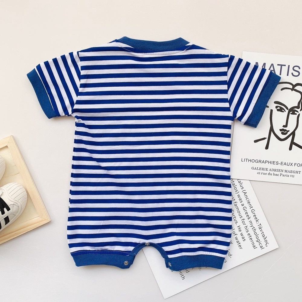 Áo Liền Quần Ngắn Tay Họa Tiết Sọc Thời Trang Cho Bé Trai Sơ Sinh