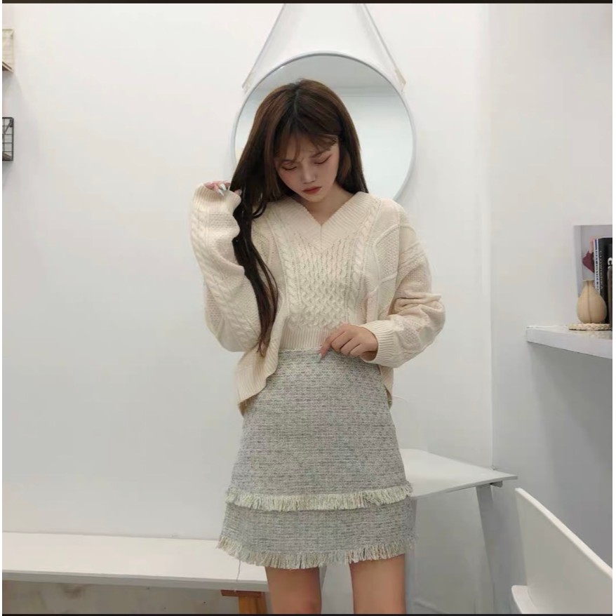 [ORDER] Set áo len đan buộc dây + chân váy dạ tweed Ulzzang (có ảnh thật)