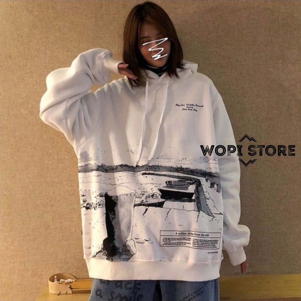 Áo Hoodie Tay Dài In Núi Vải Nỉ Bông Form Rộng Ulzzang Unisex