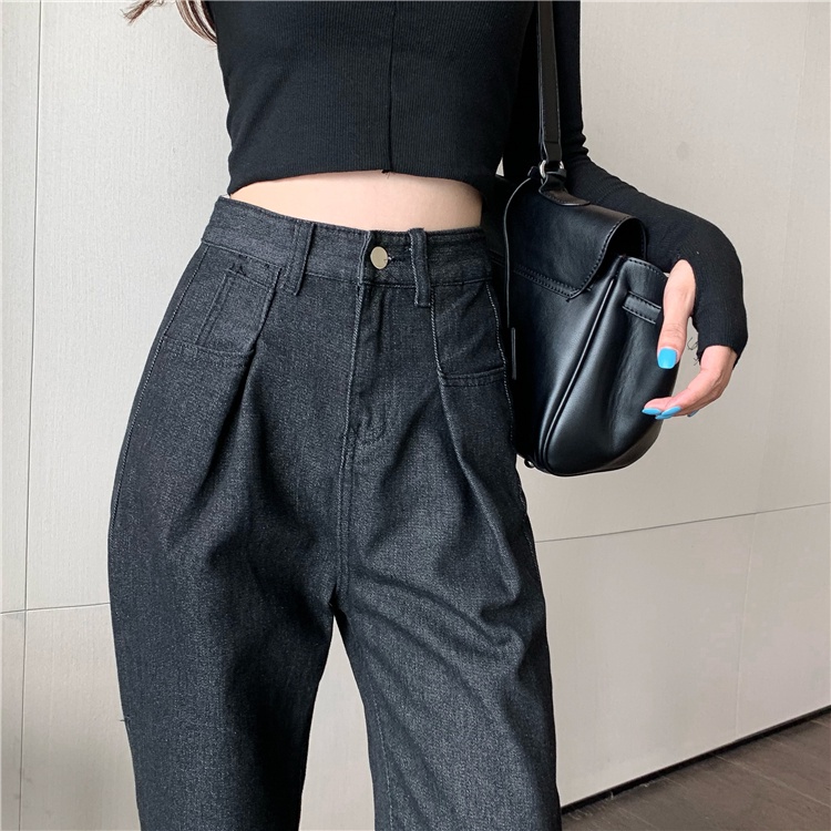 QKOOLE  Quần jean dài ống rộng lưng cao phong cách retro Hàn Quốc thời trang cho nữ